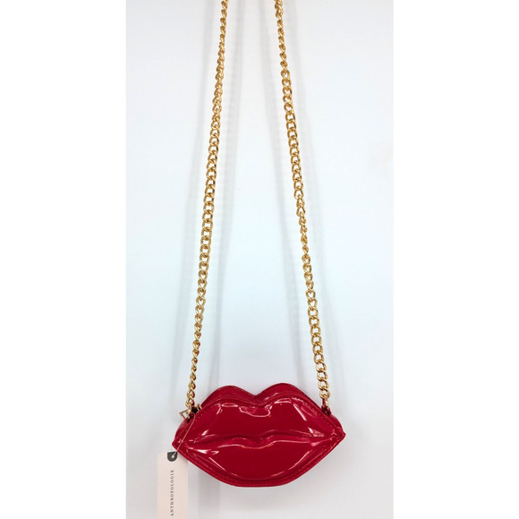 Anthropologie Glossy Red Patent Leather Lips Chain Strap Mini Handbag Retro Glam - Picture 12 of 14